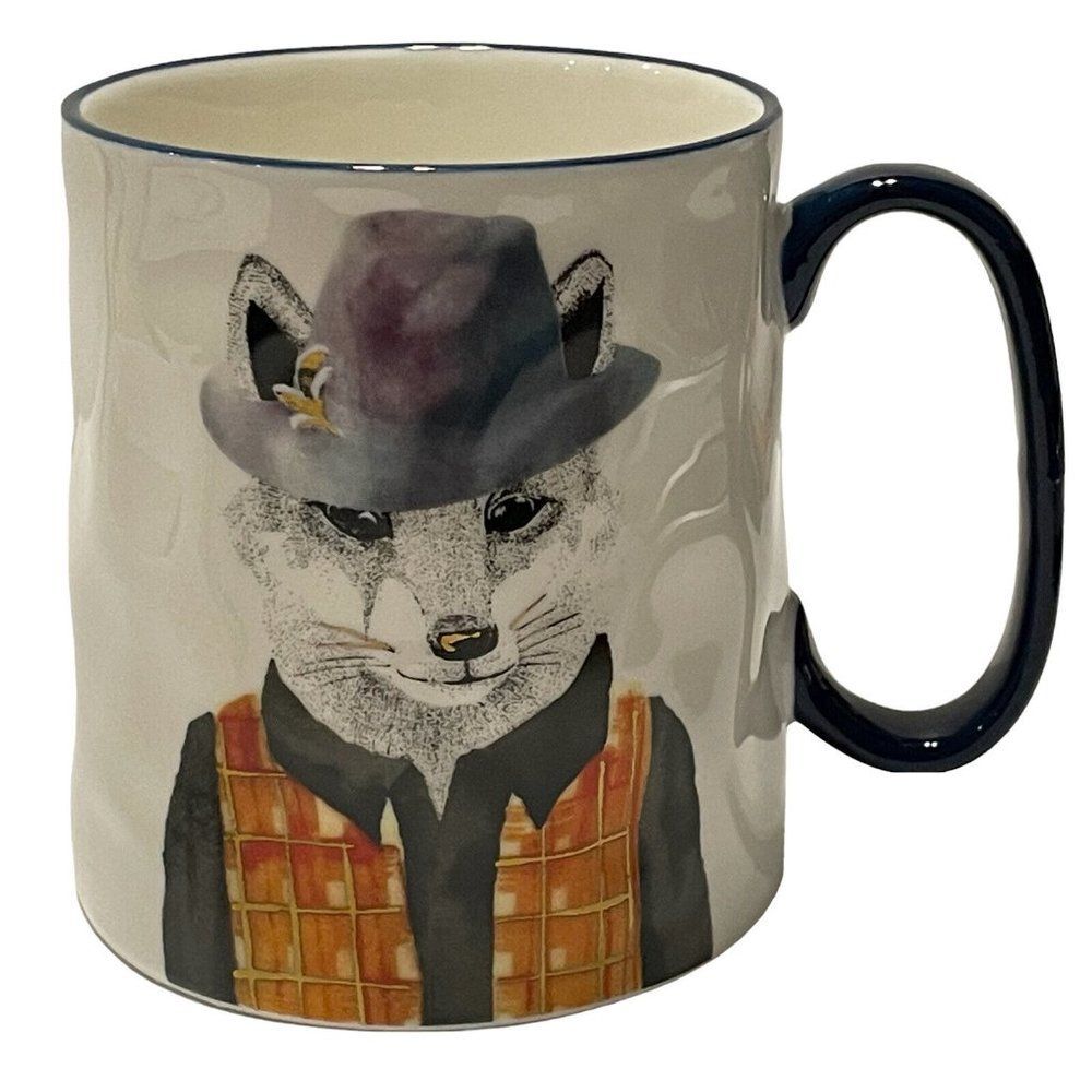 Signature Hipster Fox Hat Fedora Ceramic Coffee Mug Tea Cup Blue Rim 14oz